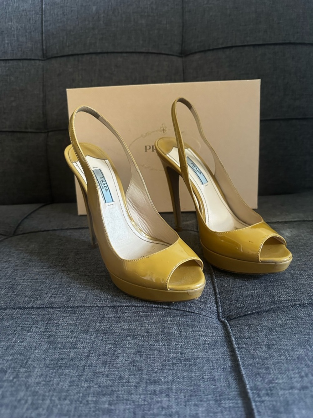 Prada Beige Patent Leather Peep-Toe Slingback Heels 38 Authentic